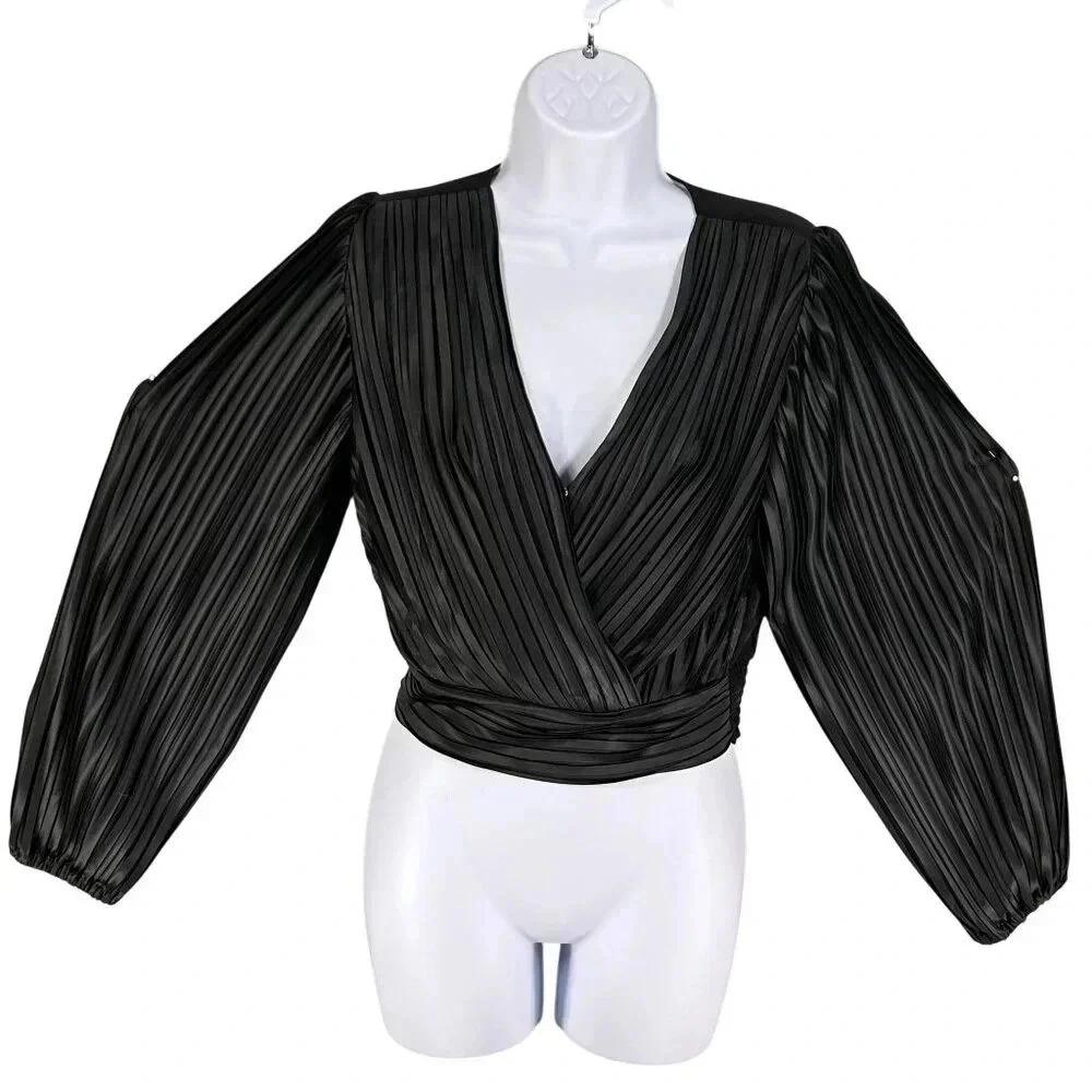 Japna NEW Womens S Black Pleated Long Bishop Sleeve Wrap Blouse Fairygoth Silky